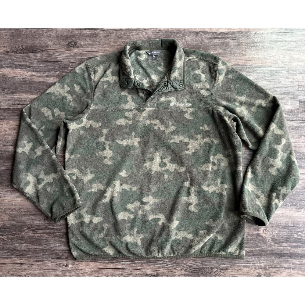 Eddie Bauer Fleece Pullover Mens L Camoflauge 1/4 Snap Hunting Outdoor Warm Logo